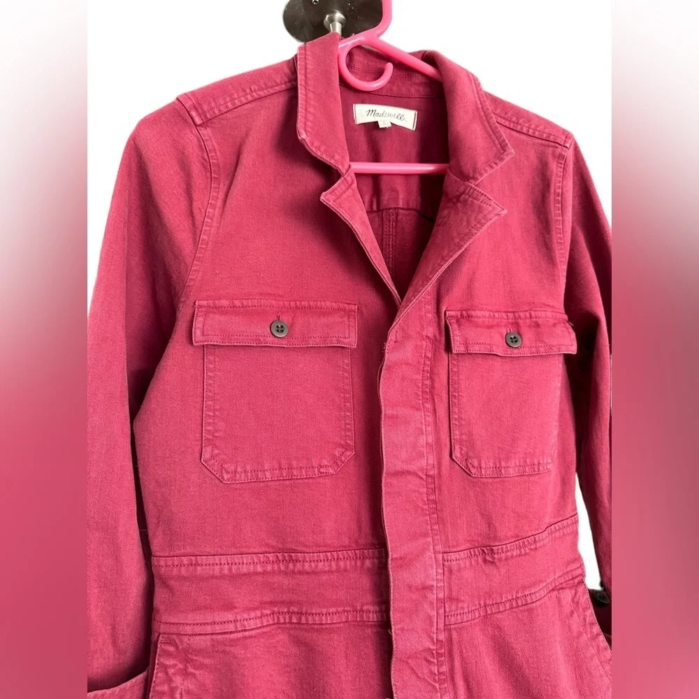 Madewell burgundy dyed denim straight leg overall long sleeve jumpsuit - Picture 5 of 10